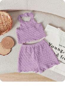 Baby Girl Casual Solid Color Textured Elastic Halter-Neck Top And Elasticated Waist Shorts Set - Mauve Purple - View 2