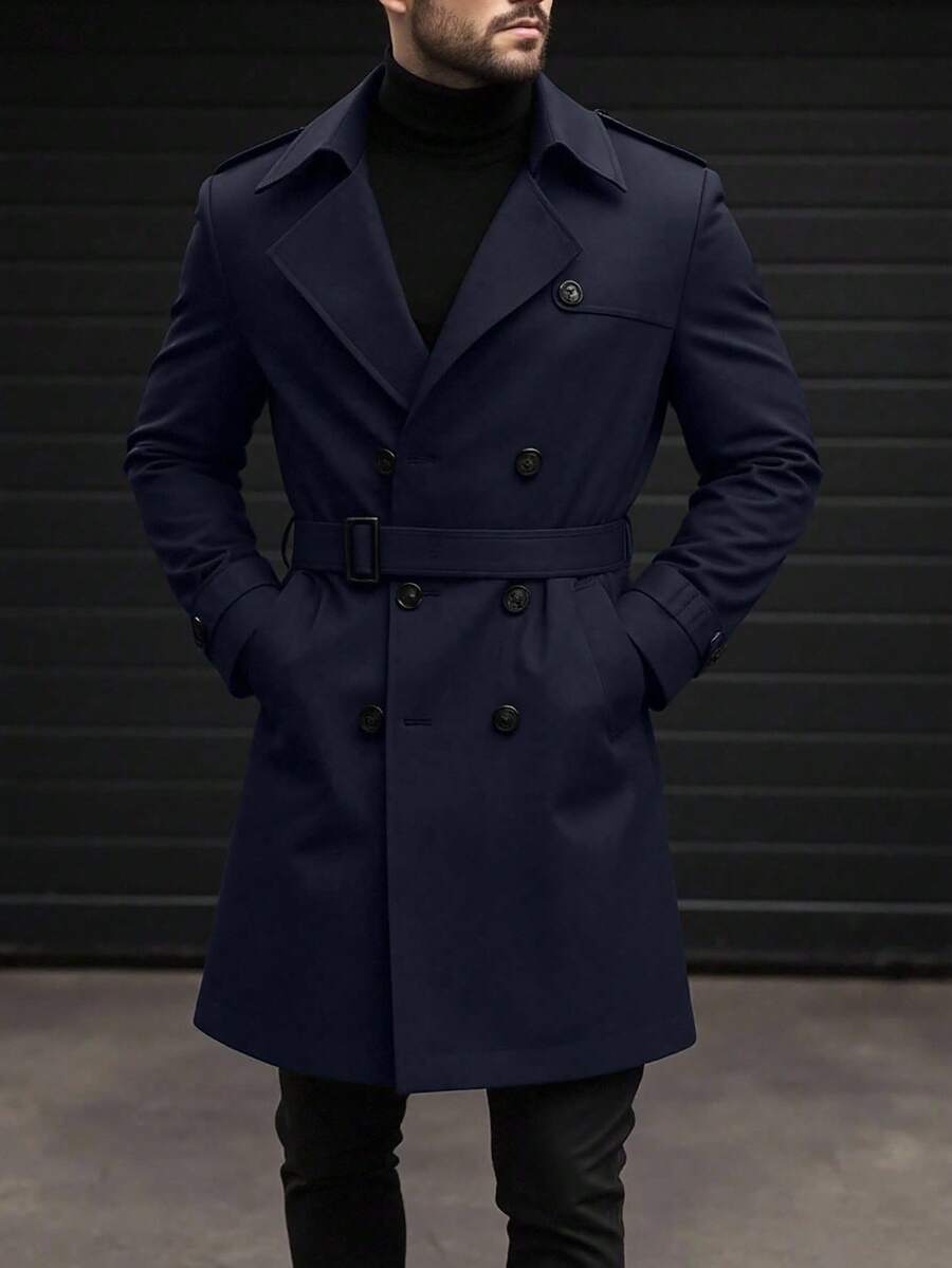 Manfinity Mode 男士街头风黑色纯色防戬面料双排扣翻领宽松长袖风衣，休闲百搭风衣，男友老公周年纪念礼物 - 藏蓝色 - 查看 1