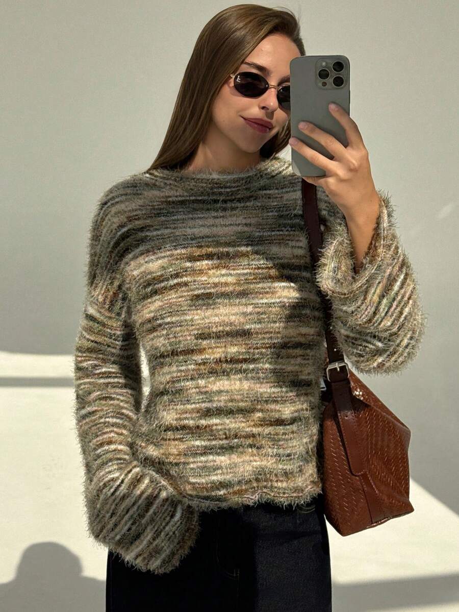 Aloruh Suéter de mujer para otoño e invierno con rayas/casual de negocios/elegante/renacimiento, ropa de mujer de otoño de manga larga, cuello redondo, ropa de mujer para cumpleaños, calado, fiesta, Halloween, Navidad, parte superior de manga larga con escote sexy en la espalda - Marrón - Ver 1