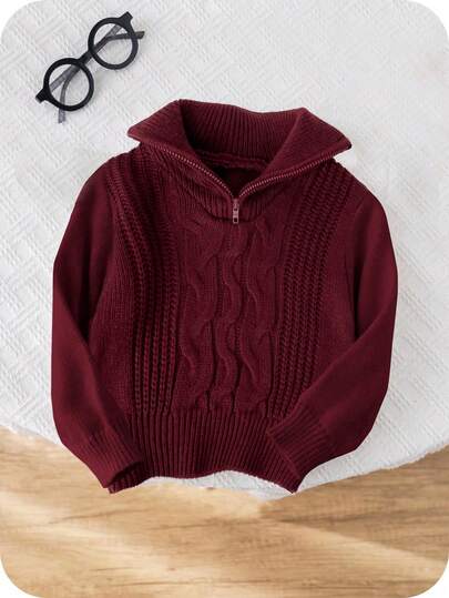 SHEIN Baby Boy/Girl Burgundy Autumn/Winter Collegiate Vintage Textured Intarsia Solid Color Knit Soft Mock Neck Zip-Up Long Sleeve Pullover Top, Soft & Comfortable For School, Home, Outings, New Year Baby Clothes Girl Fall Sweater Toddler Sweaters Baby Boy Burgundy Clothes Baby Boy Sweaters Baby Solid Color Knitted Sweater