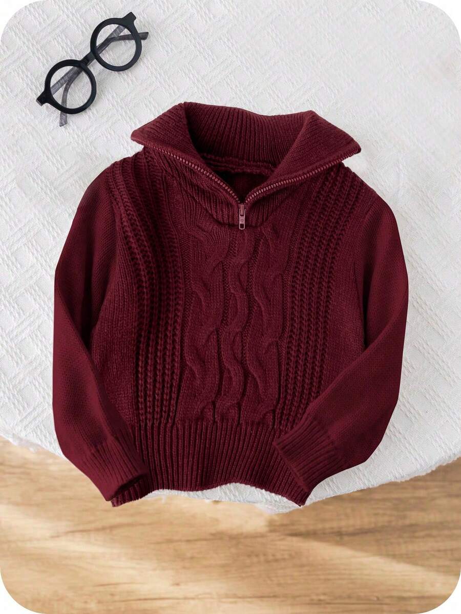 SHEIN Baby Boy/Girl Burgundy Autumn/Winter Collegiate Vintage Textured Intarsia Solid Color Knit Soft Mock Neck Zip-Up Long Sleeve Pullover Top, Soft & Comfortable For School, Home, Outings, New Year Baby Clothes Girl Fall Sweater Toddler Sweaters Baby Boy Burgundy Clothes Baby Boy Sweaters Baby Solid Color Knitted Sweater - Burgundy - View 1