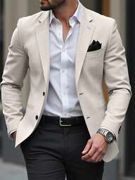 Manfinity Mode Blazer de poliéster color albaricoque de corte regular con mangas largas y textura, con bolsillos, traje beige para hombres, ropa elegante para hombres, moda masculina, blazer casual, trajes slim para hombres, traje slim color crema para hombres