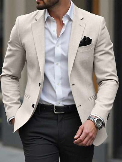 Manfinity Mode Blazer de poliéster color albaricoque de corte regular con mangas largas y textura, con bolsillos, traje beige para hombres, ropa elegante para hombres, moda masculina, blazer casual, trajes slim para hombres, traje slim color crema para hombres