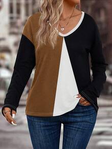 EMERY ROSE Plus Size Casual Colorblock V-Neck T-Shirt, Autumn/Winter - Multicolor - View 3