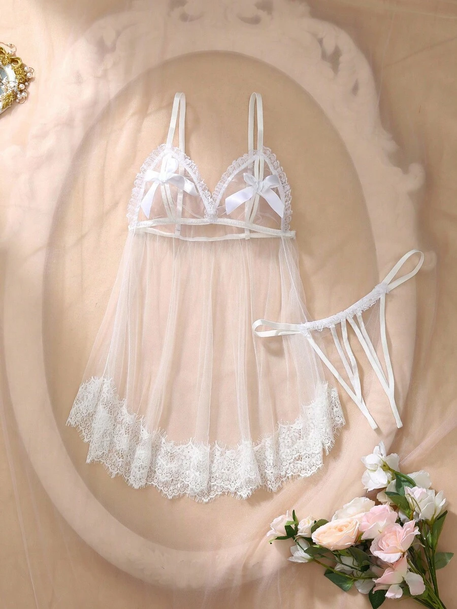 DelicateAllure Váy ngủ Babydoll ren chắp vá gợi cảm màu tương phản nơ mỏng dành cho nữ - trắng - Xem 1
