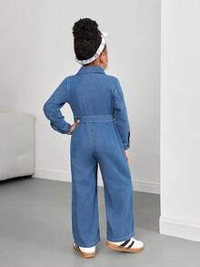 SHEIN 少女蓝色牛仔连体裤 - 中等水洗藍 - 查看 3