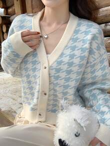 DAZY 女士宽松商务休闲格子拼色针织开衫，适合秋冬季办公室穿着 - 藍色 - 查看 1