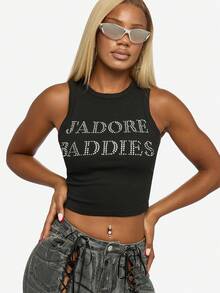 SUMWON 大码水钻装饰背心，带水晶文字细节，适合夏季节日休闲装 - 黑色 - 查看 7