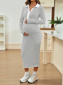 SHEIN Vestido midi casual para maternidade, estampa listrada, meio botão frontal, justo, primavera/outono