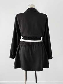 Sunspun Plus Size Vintage Workwear Collared Shirt, Cropped Zip-Up Crop Top Jacket Foromen American Casual Workwear Pocket Skirt With Tie, Mini Bodycon Skirt Foromen, 2-Piece Set - Black - View 2