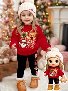 SHEIN Conjunto de sudadera de cuello redondo de manga larga y leggings suaves, gruesos y cómodos con estampado de Papá Noel, renos, lazos y copos de nieve de Happikins, en color rojo burdeos, adecuado para uso diario en otoño/invierno, Navidad, Año Nuevo y estilo callejero - Multicolor - Ver 1