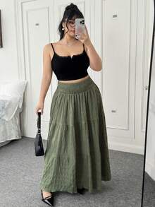 SHEIN EZwear 大码绿色荷叶边休闲度假长裙 夏季长裙 绿色长裙 波西米亚风长裙 多层长裙 鼠尾草绿长裙 - 綠色 - 查看 4