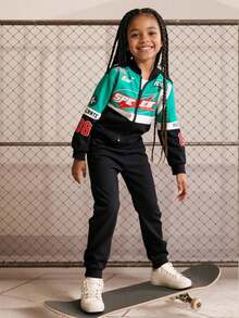 Explorewe Tween Girls' Casual Color Block Letter Print Jacket, Autumn Fall Winter - Green - View 7