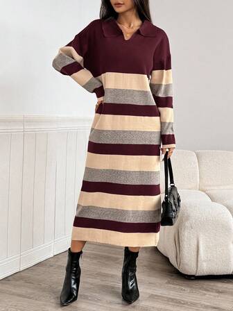 Mulvari Women's Casual Loose Knit Striped Dress With Turndown Collar And Drop Shoulder, Long Sleeve, Suitable For Autumn/Winter
