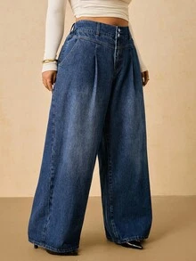 SHEIN Tall CURVE 大码休闲通勤冬季四季万圣节圣诞节新年感恩节水洗阔腿牛仔裤深蓝色牛仔裤高腰阔腿裤优雅女士服装舒适松紧腰女装艺术婚礼优雅商务休闲女装乡村复古朴素老钱商务休闲女装工作服女装大码舒适褶皱蓝色女式牛仔裤高腰宽松牛仔裤 - 藍色 - 查看 3