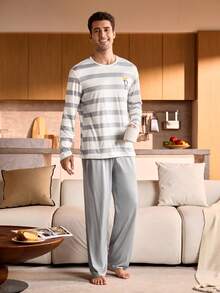 SHEIN Provexi Striped Crew Neck Long Sleeve Solid Color Pants Plus Size Men Pajama Set - Multicolor - View 4