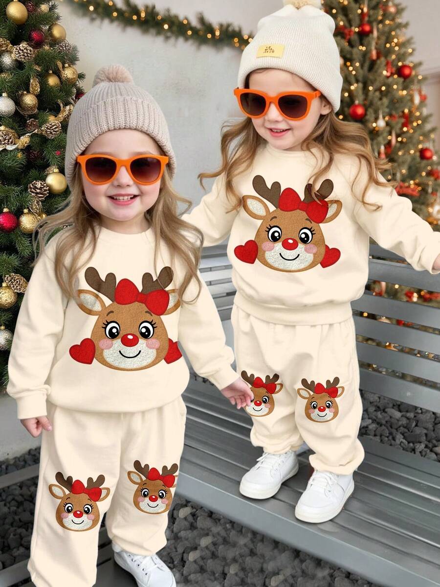 SHEIN 可爱圣诞驯鹿和心形印花女婴休闲宽松圆领柔软针织运动衫和运动裤套装，适合秋冬季、圣诞派对、街头风格、家居服 - 彩色 - 查看 1