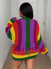 Maweii Plus Size Women Striped Colorful Tassel Cardigan & Mini Skirt 2 Pieces Set - Green - View 3
