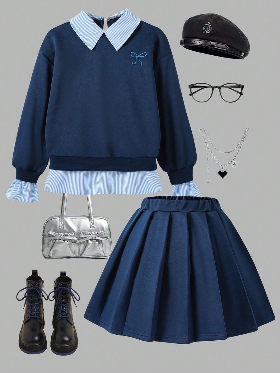 2 peças/Conjunto Moletom com Gola Polo e Saia Plissada para Meninas, Decoração de Bordado da Moda, Adequado para Uso Diário, Viagem, Volta às Aulas, Outono - Azul marinho - Visão 1