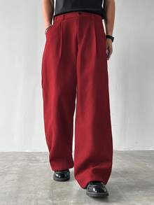 Claim Dot 男士休闲纯色斜口袋加厚阔腿裤，秋季 - 紅色 - 查看 5