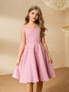 女童亮片粗花呢背带裙，高腰紧身蝴蝶结喇叭裙，优雅 - 粉色 - 查看 4