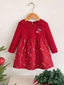 SHEIN Baby Girls' Cute Red Cherry Embroidery Long Sleeve Princess Dress, Sweet Dress For Toddlers, Spring/Autumn - Burgundy - View 9