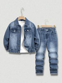 Tween Boys Denim Two Pieces Outfits, Versatile Casual Vintage Washed Denim Set, Suitable For Daily Wear, Outings, School, Commute, Essential For Fashionable Boys Boy Jeans Sets Denim Boys Outfit Jean Set Kids Jeans Jacket Denim Sets For Girls - Medium Wash - View 3
