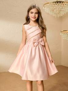 Tween Girl' Round Neck Sleeveless Dress With Multi-Layer Beaded Waist Bow Decor, Elegant & For Halloween, Christmas, Party