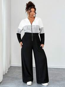 EMERY ROSE Plus Size V-Neck Ring Zipper Decor Long Sleeve Soft Knitted Ribbed Fuzzy Tricolor Contrast Splice Casual Jumpsuit, Home Jumpsuit Fall - Multicolor - View 4