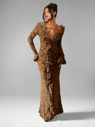 MISSGUIDED Plunge Neck Long Sleeve Ruffle Maxi Dress With Deep V Neckline For Evening Party Wedding Guest