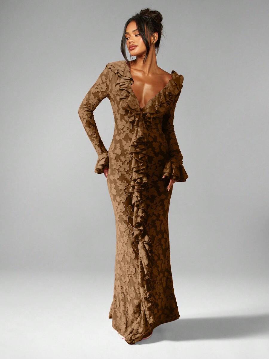 MISSGUIDED Plunge Neck Long Sleeve Ruffle Maxi Dress With Deep V Neckline For Evening Party Wedding Guest - Brown - View 1