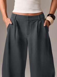 AiiRZ 筒形高腰锥形褶皱西装裤，宽松版型，适合办公室商务职业装 - 灰色 - 查看 4