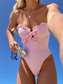 Swim Mod Women's Fashionable & Cute Beachwear, Special Fabric Plaid Flounce Halter Mod One-Piece Swimsuit, Suitable For Resort, Party, Yacht, Spring/Summer - Pink - View 2