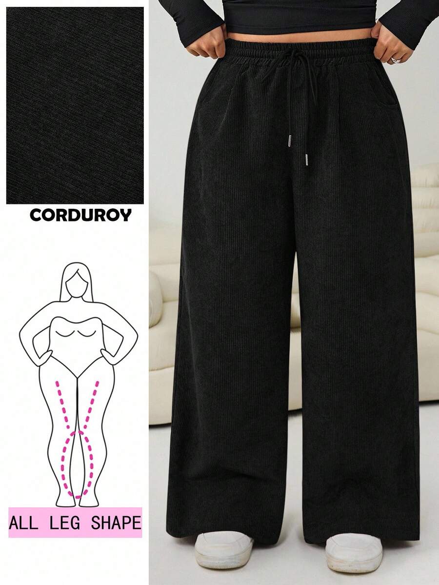 Solflare 大码休闲纯色灯芯绒裤 - 黑色 - 查看 1