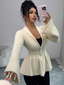 SHEIN Elenzya Women's Cream White Autumn Vintage Pullover Sweater,Elegant Tea Party Ruffle Collar Fitted Silhouette,Versatile Casual Outings Work School Office - Apricot - View 1