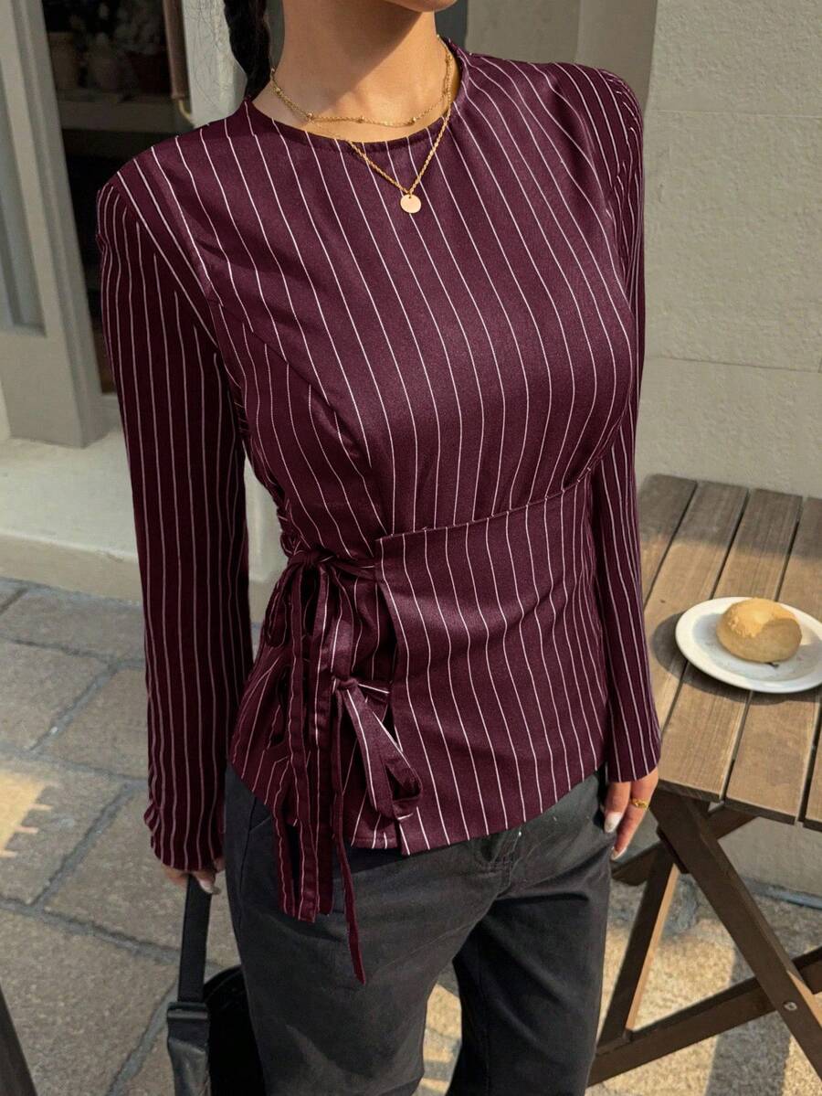 Siren Gaze Áo sơ mi nữ dáng ôm dáng đi làm có chi tiết thắt eo Áo sơ mi sọc cổ tròn tay dài dành cho nữ, thích hợp mặc đi làm và đi làm công sở Giáo viên nữ Mùa đông Giáng sinh Đỏ Năm mới Đỏ tía - Màu Đỏ Sâu - Xem 1