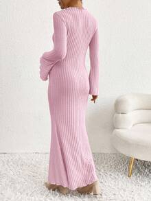 SHEIN 优雅孕妇纯色喇叭袖通勤连衣裙 - 淺粉色 - 查看 2