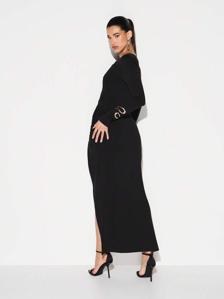 KIZN オフショルダー シャーリング マキシ ドレス 長袖 ボディコン イブニングパーティー アシンメトリー スプリットヘム