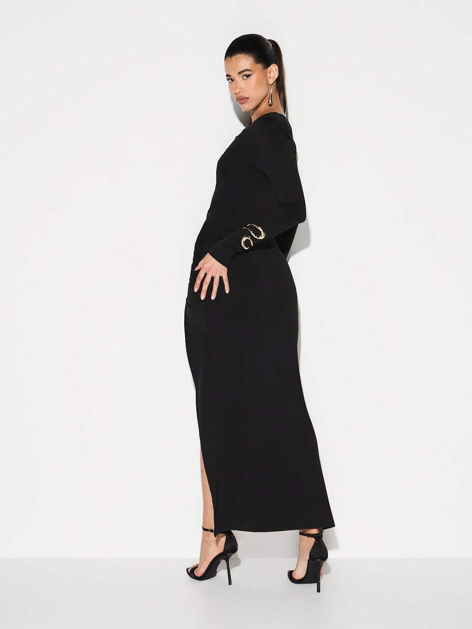 KIZN Off Shoulder Ruched Bodycon Maxi Dress With Split