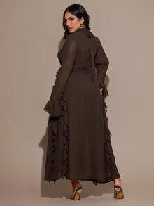 SHEIN BAE 大码女式棕色长袖雪纺荷叶边喇叭袖长裙 - 棕色 - 查看 7