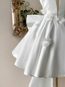 Lovelzi Elegant, Romantic, Fashionable, Dignified, Palace Style, White, Satin, Tight Fishbone, Floral Decoration, Oversized Bow Train, A-Line, Suitable For Bachelorette Parties, Weddings, Graduation Ceremonies, Vacations, Birthday Parties, Bridal Showers (Bow Is Detachable) - White - View 7