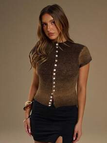 SHEIN BAE Damen Stehkragen Einreiher Lässig Regular Strickoberteil Herbst Winter Kleidung für Frauen - Kaffeebraun - Übersicht 3