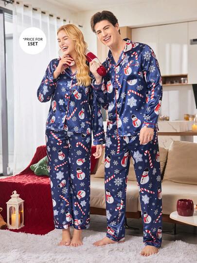 CoupledUp 圣诞可爱雪人图案男士睡衣套装（上衣和裤子）情侣睡衣套装 圣诞睡衣 睡衣套装 冬季服装