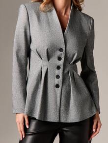 AiiRZ Herringbone Cinched Waist Padded Shoulder Professional Business Office Blazer For Fall Winter - Grey - View 4