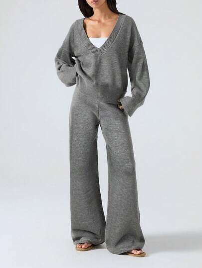 LYSMO 女士休闲纯色针织毛衣和裤子两件套，秋冬