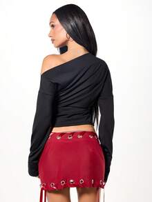 SUMWON WOMEN Off Shoulder Long Sleeve Top With Script Text For Casual Winter Wear - Black - View 2