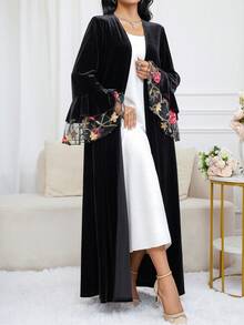 Al Najma 女士时尚优雅花卉刺绣长袍 - 黑色 - 查看 3