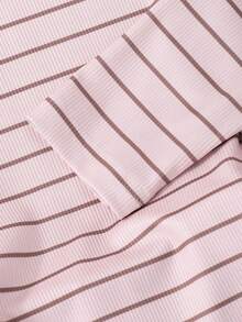 SHEIN 少女时尚休闲优雅可爱街头风格混合条纹蕾丝边长袖 T 恤，秋季 - 粉色 - 查看 8