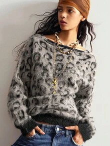 Bohemela 波西米亚风秋冬外套，女士复古红色豹纹不对称肩部宽松针织套头衫V领毛绒毛衣，西部乡村风格音乐会度假装，适合度假、日常穿着、返校季、圣诞节、新年等场合。 - 杏色 - 查看 5