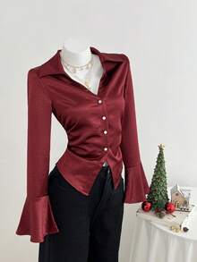 SHEIN Unity Blusa ajustada de mujer con cuello de satén, manga larga, cintura fruncida y bajo asimétrico - Burdeos - Ver 5
